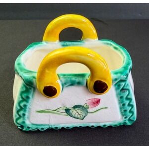 Vintage Made in Japan Ceramic Purse Planter Hand Painted Floral Trinket Dish 3in